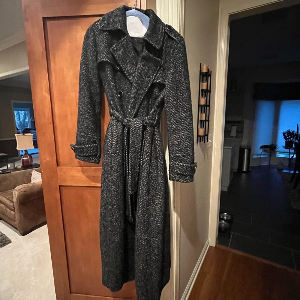 Michael Kors Black and Gray Herringbone Wool Blend Trench Coat